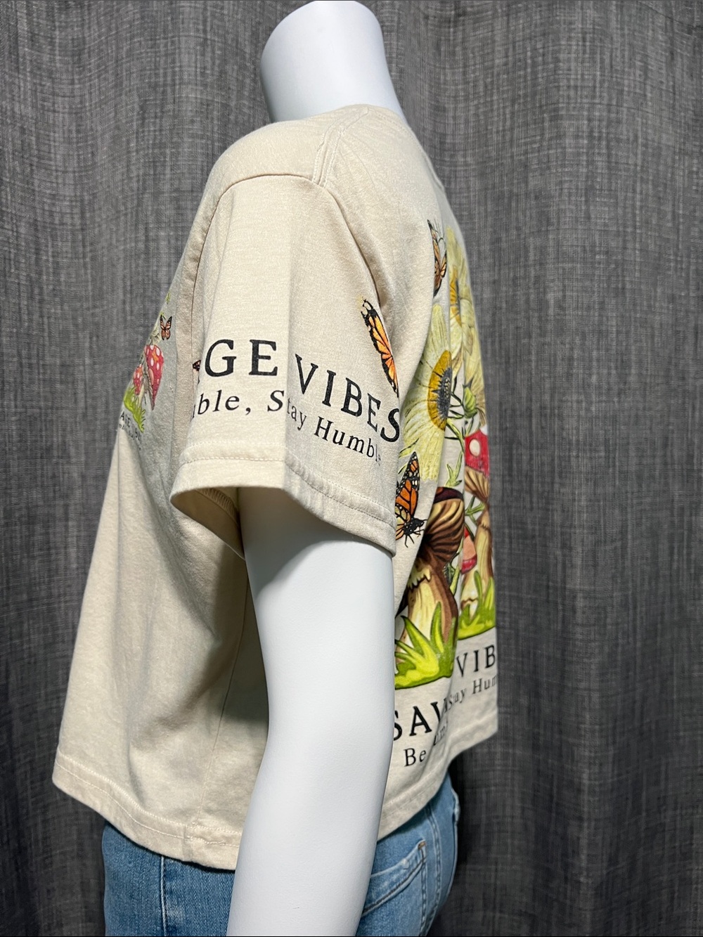 Savage Vibes Graphic Boxy Tee with Yellow Flowers, Mushrooms & Butterflies Small - Picture 5 of 9